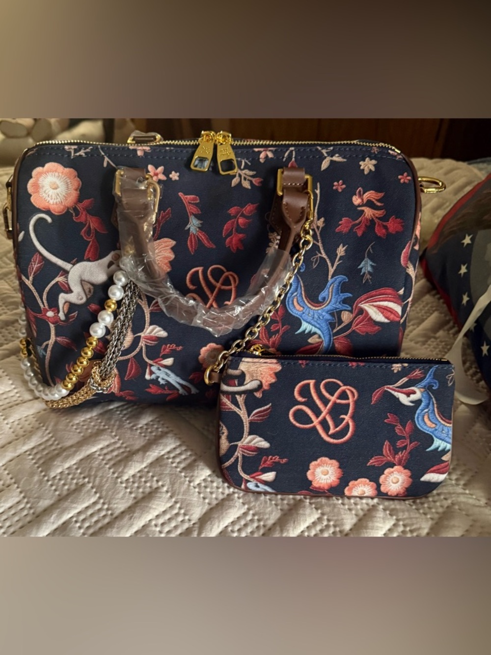 Limited Edition Floral Embroidered Navy Speedy 30 Satchel with Matching Pouch